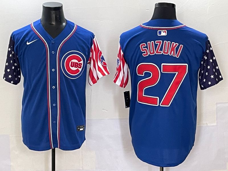 Men 2025 Chicago Cubs 27 Suzuki Blue National Flags Nike MLB Jersey style 1